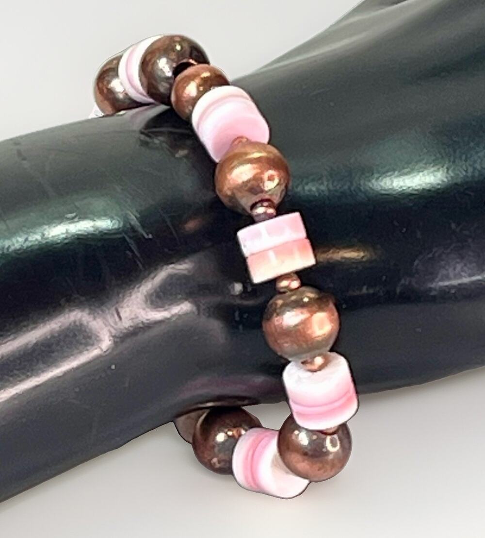 Pure Copper Desert Pearls & Pink Conch Shell Heishi Bead Stretch Bracelet NEW